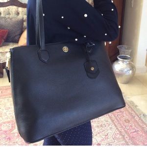 Tory Burch Robinson Pebbled Leather Side Zip Black Tote